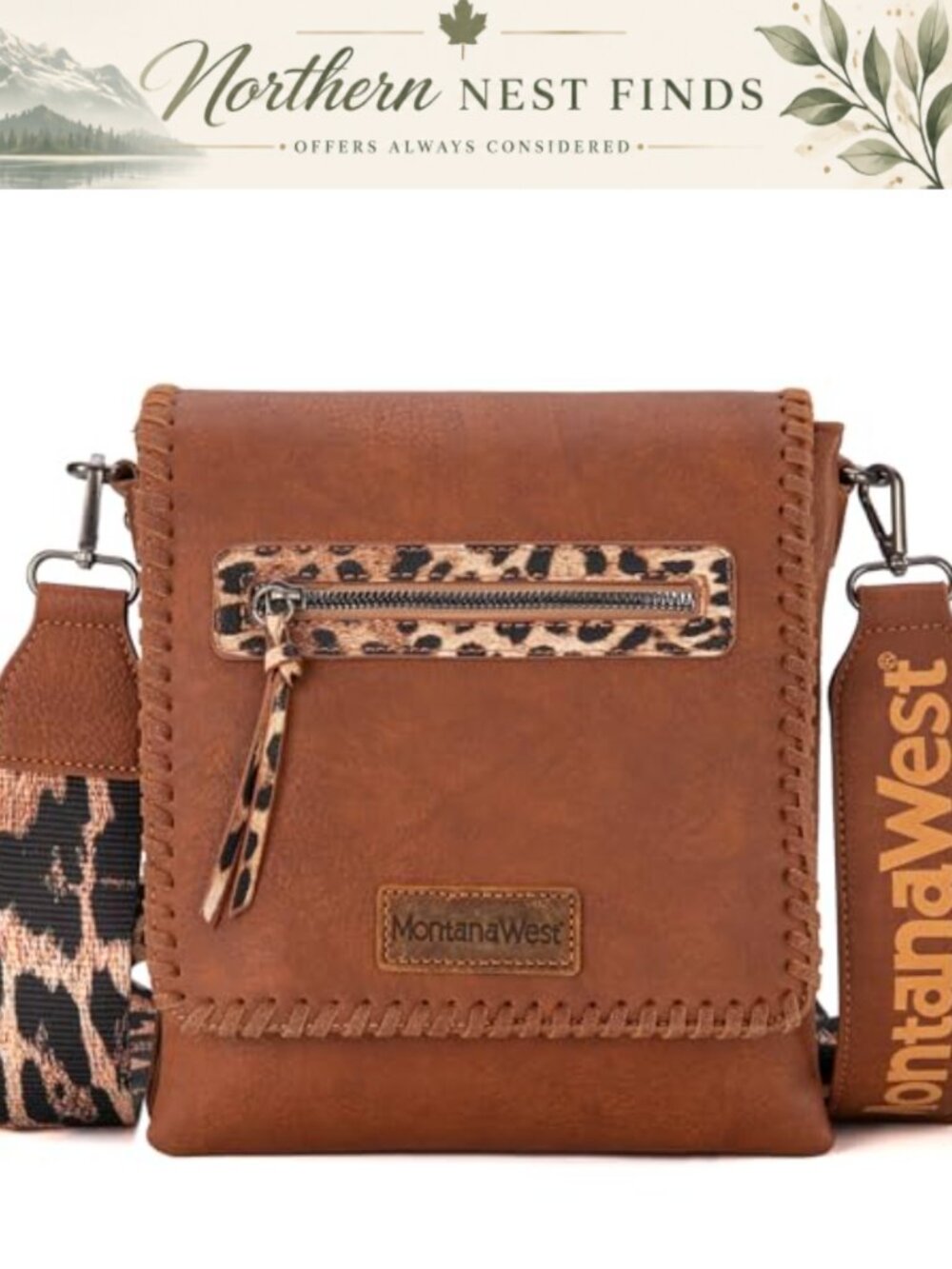 Vegan Leather Western Crossbody Bag with Dual Compartments Leopard Print Guitar